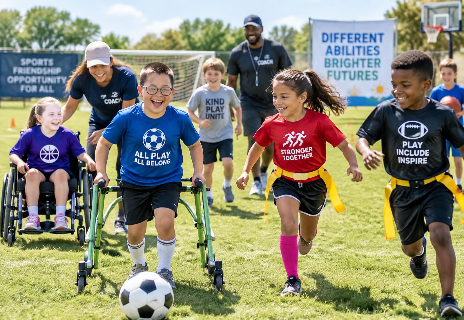 Young athletes playing adaptive basketball together