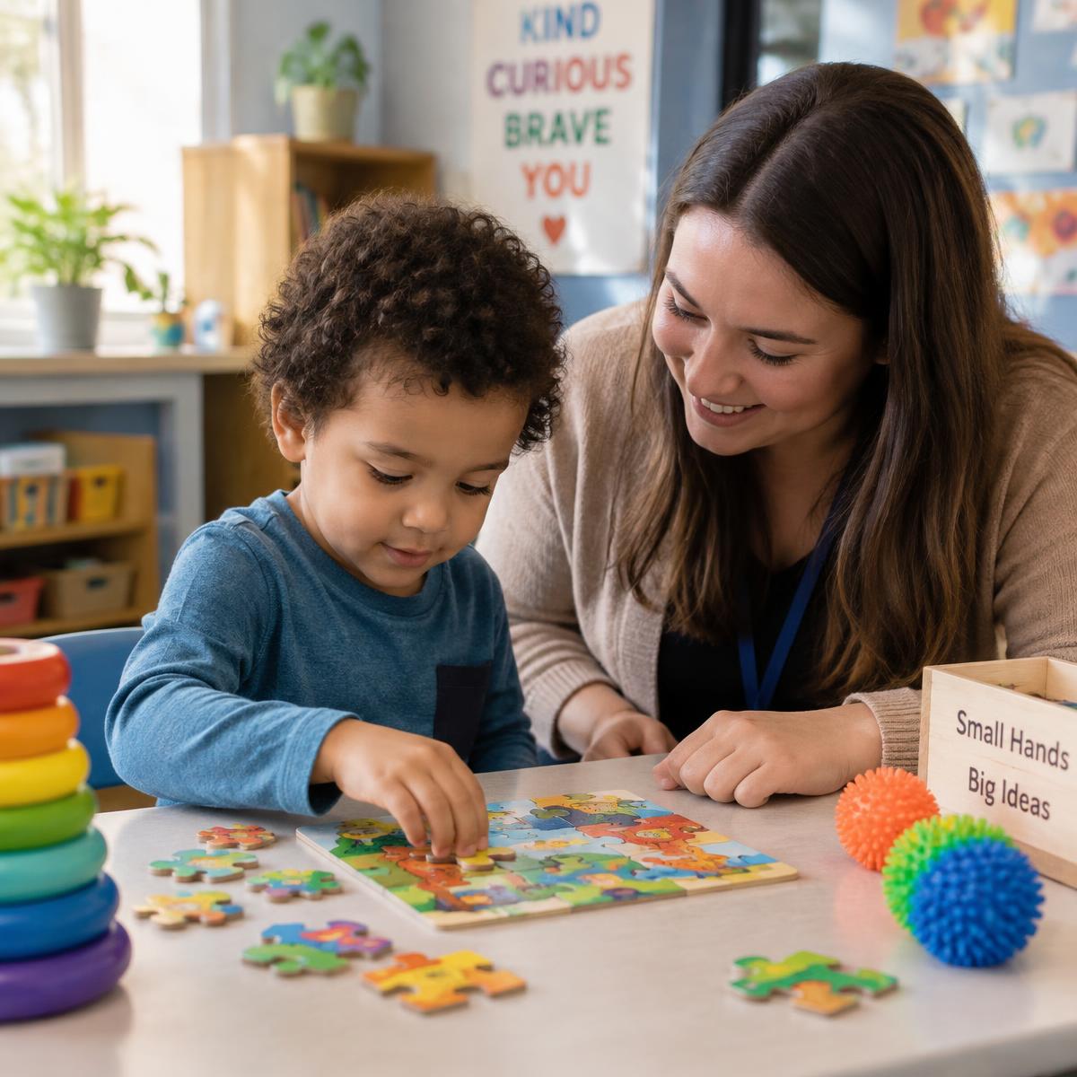 A child and a mentor completing a colorful puzzle together