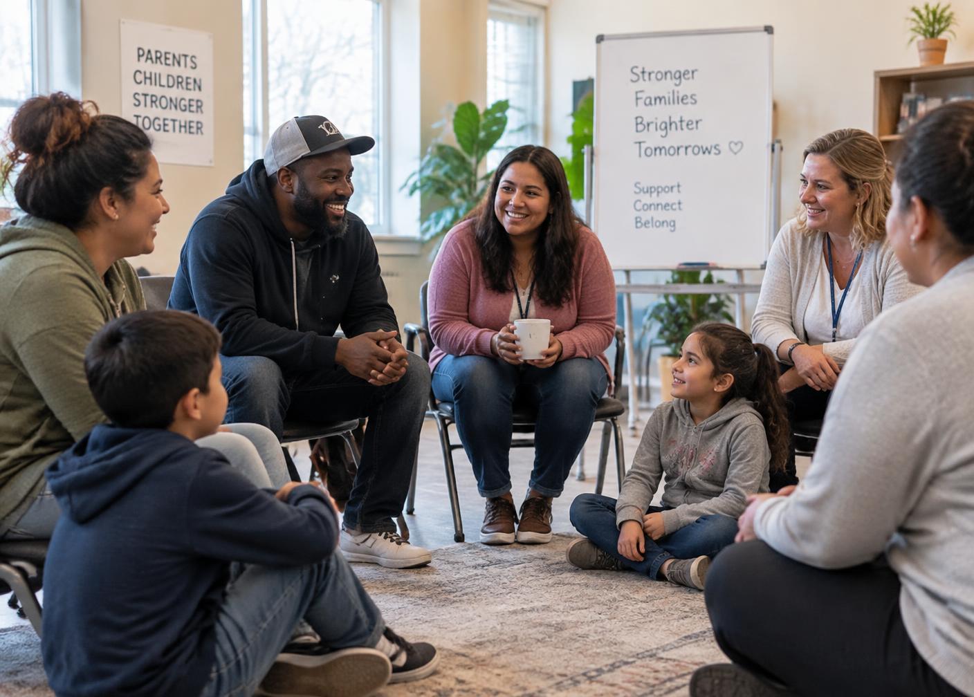 Parents and children talking together at a family gathering